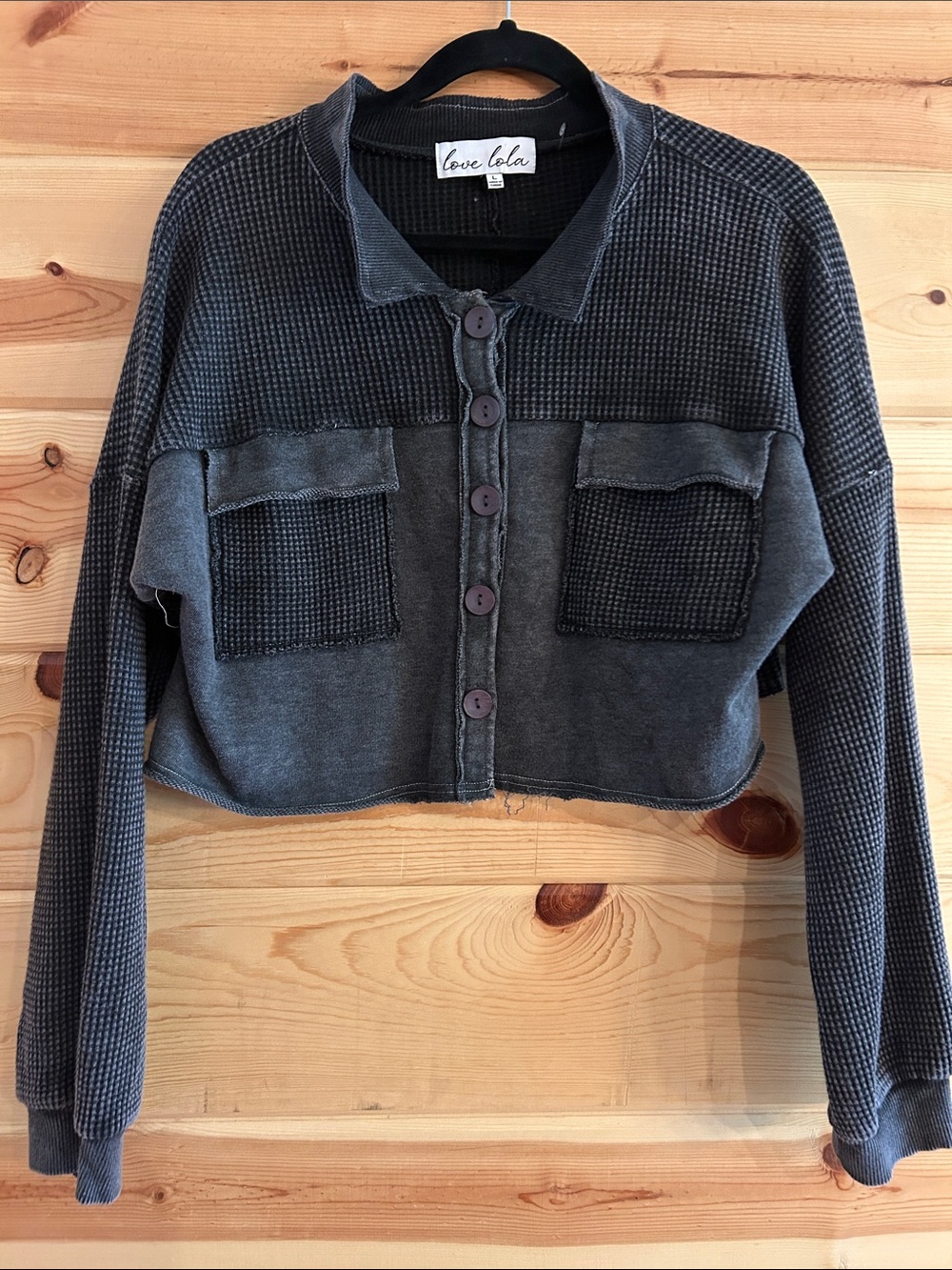 NWOT Love Lola Charcoal Button-Up Cropped Jacket, Size L